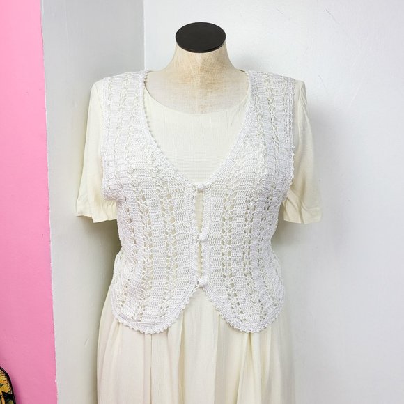 Vintage 90s Cream Crochet Vest Maxi Dress - Picture 2 of 9